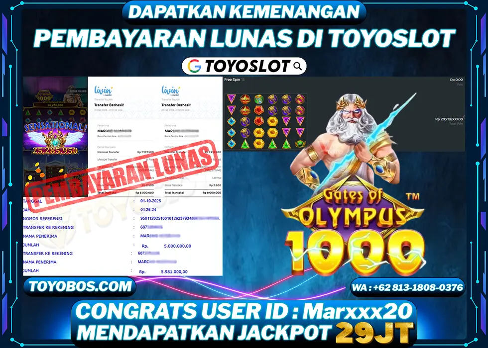TOYOSLOT - BUKTI KEMENANGAN Gates Of Olympus 1000x Rp29,000,000,- LUNAS